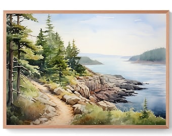 Mount Desert Island Print Forest Lake Watercolor Painting Acadia National Park Poster Maine Landscape Art Pine Forest Wall Decor