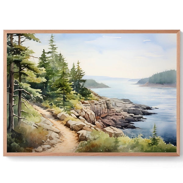 Mount Desert Island Print Forest Lake Watercolor Painting Acadia National Park Poster Maine Landscape Art Pine Forest Wall Decor