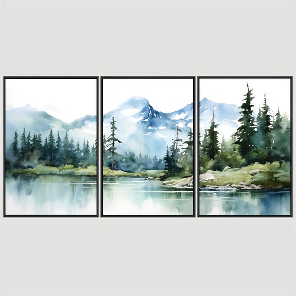 Nature Art Set of 3 Mountain Wall Art Watercolor Landscape Print Set Lake Mountain Set Nordic Wall Art Set Prints Giclee Nature Poster