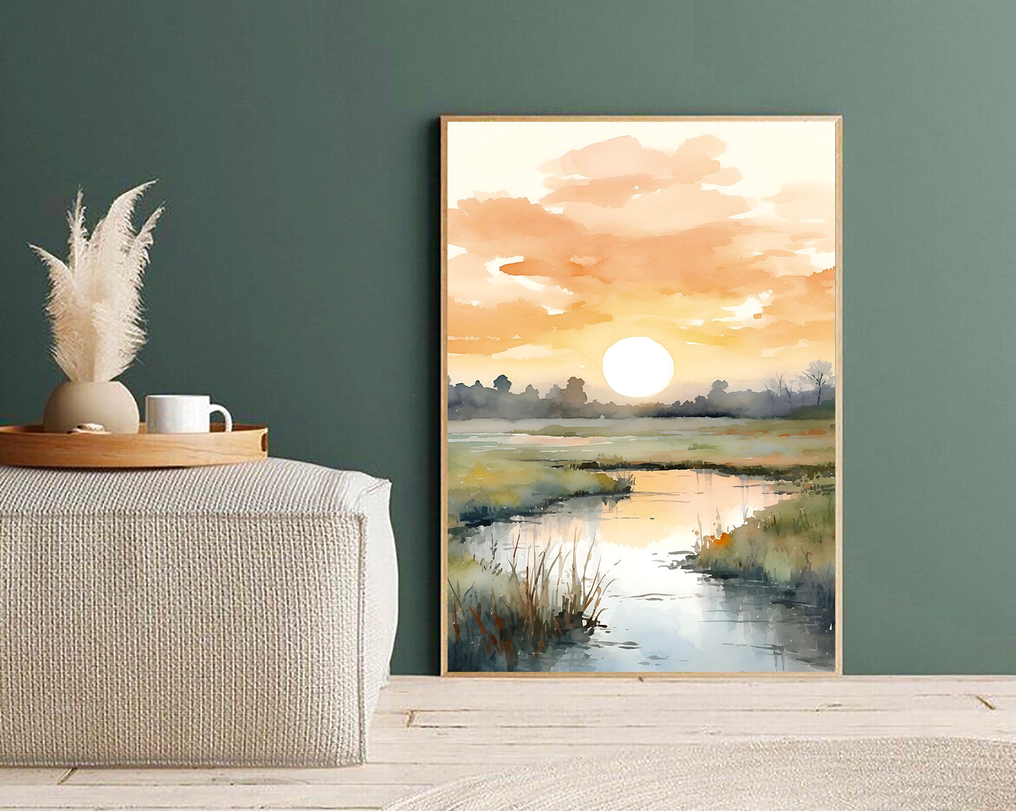 Sunrise Watercolor Print Large Neutral Painting Yellow Green