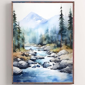 Idaho Snake River Watercolor Painting Landscape Rocky Mountains Art Print Forest River Poster Pine Trees Wall Art Nature Wall Decor