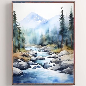 May include: A watercolor painting of a mountain landscape with a river flowing through it. The river is surrounded by rocks and trees, and the mountains are in the background. The painting is done in shades of blue, green, and white.