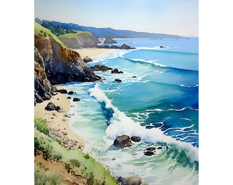 Rincon Island Painting Beach Scene Art Print California Wall Art Coastal Landscape Blue Beige Wall Decor Pacific Ocean Art