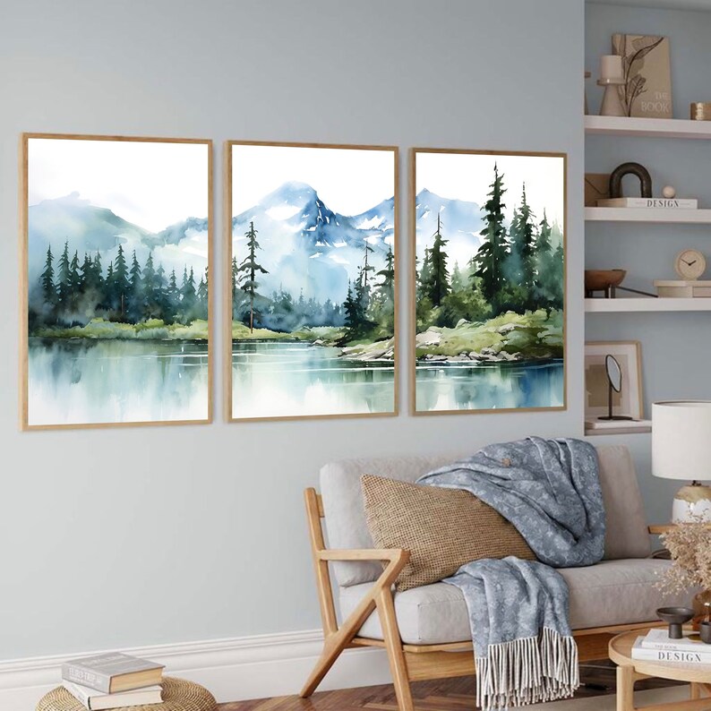 Nature Art Set of 3 Mountain Wall Art Watercolor Landscape Print Set ...
