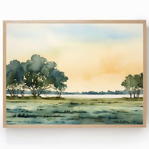 Sunset Lake Print Watercolor Painting Green Field Poster Neutral Countryside Landscape Panoramic Wall Art Farmhouse Wall Decor