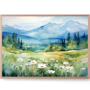 Eagle Mountain Painting Minnesota Watercolor Art Print Daisy Field Wall Art Mountain Valley Landscape Wall Art Nature Artwork