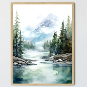 Mountain forest lake print blue green vertical painting large minimalist wall art pine tree poster foggy mountains wall art