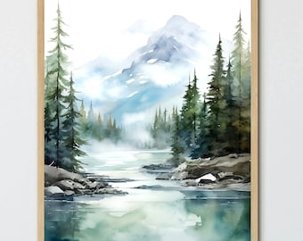 Mountain forest lake print blue green vertical painting large minimalist wall art pine tree poster foggy mountains wall art