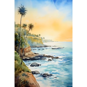 Key West Painting Florida Landscape Wall Art Coastal Watercolor Print Sunset Painting Blue Yellow Wall Decor Palm Tree Poster