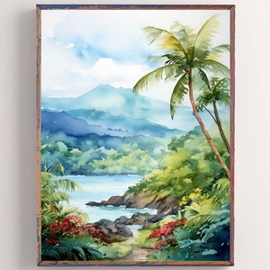 Costa Rica Landscape Art Print La Fortuna Volcano Artwork Large Watercolor Painting Mountain River Wall Art Nature Travel Poster