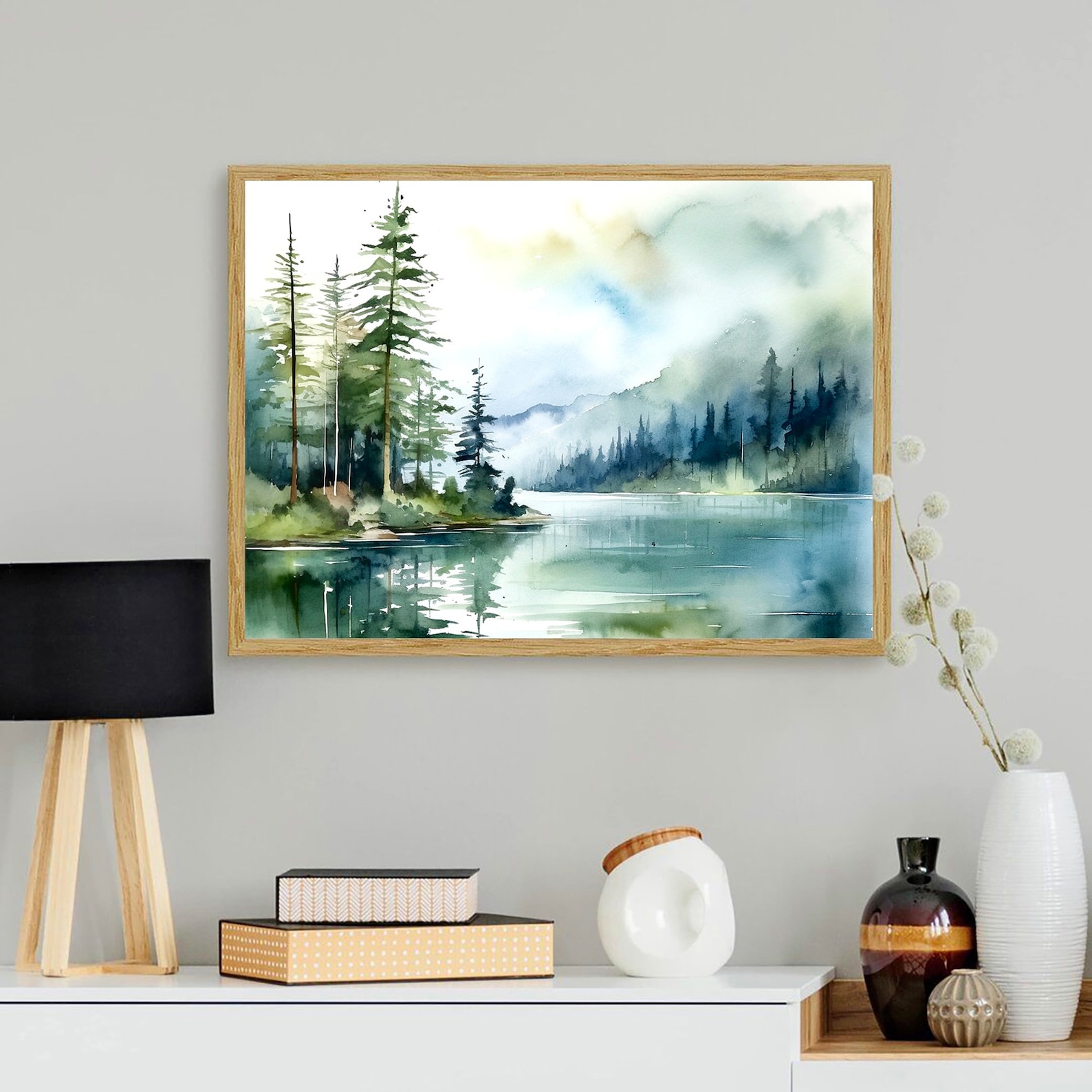 Sunrise Forest Lake Print Blue Green Watercolor Painting Pine Tree Wall ...