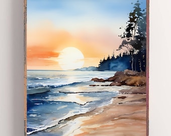 May include: Watercolor painting of a beach scene at sunset. The artwork features a large sun setting over the ocean, with waves crashing on the sandy shore. Dark trees are silhouetted on the right side of the painting, and the sky transitions from orange to blue.