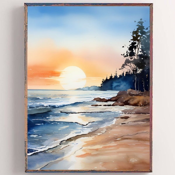 Michigan Lake Watercolor Painting Panoramic Landscape Sunrise Shoreline Poster Great Lakes Art Print Hammond Gary Travel Art