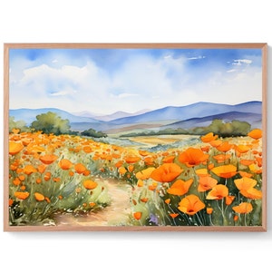 Antelope Valley Watercolor Print California Poppy Reserve California Travel Gift Poppy Wildflowers Painting Orange Poppy Nature Landscape