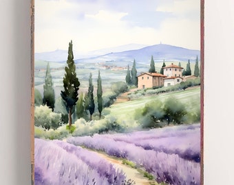 Tuscany Italy Painting Lavender Watercolor Art Print Italian Landscape Wall Art Neutral Green Purple Art Italy Travel Poster