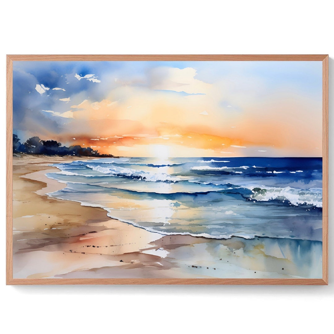 Sunrise Lake Painting Neutral Brown Blue Landscape Illinois Art Print ...