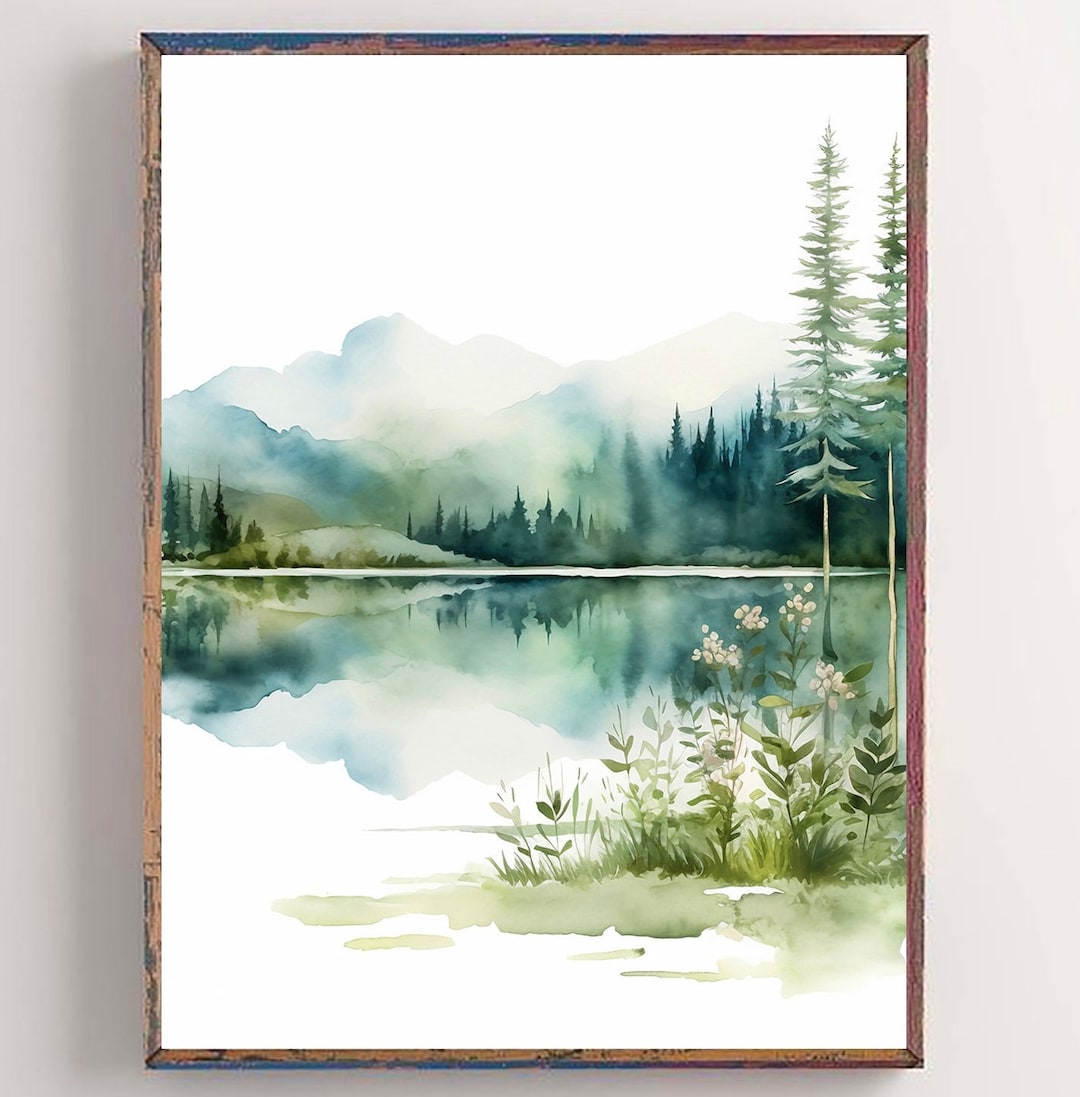 Forest Lake Painting Mountain Panorama Art Sunrise Forest Watercolor ...