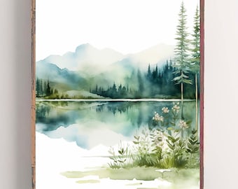 Forest lake painting sunrise mountain watercolor print pine tree wall art landscape print