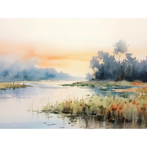 Florida Painting Apalachicola River Landscape Watercolor Tree Art Print Neutral Light Blue Pink Wall Art Florida Kayak Wall Decor