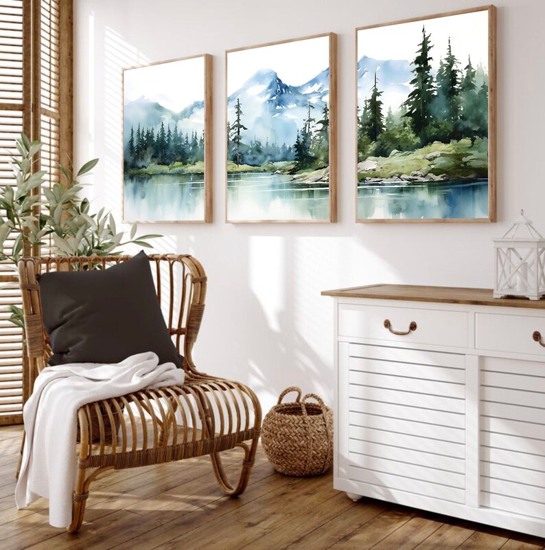 Nature Art Set of 3 Mountain Wall Art Watercolor Landscape Print Set ...
