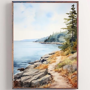 California Landscape Painting Coastal Watercolor Art Emerald Bay State Park Poster Pine Shoreline Art Print South Lake Tahoe Wall Art