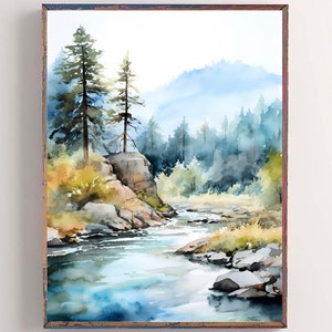 Black Hills Landscape Watercolor Painting South Dakota Art Mountain River Print Pine Tree Wall Art Light Blue Green Art Misty Mountain Print