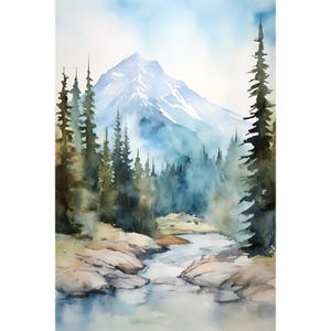 Grand Teton National Park Print Mountain River Watercolor Wyoming Landscape Wall Art Evergreen Forest Painting Misty River Poster