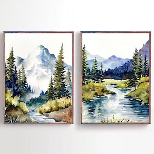 Set of 2 Mountain river prints watercolor large painting minimalist wall art pine tree poster teal forest artwork blue green diptych art