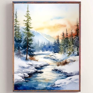 Norway Forest Painting Watercolor Art Print Snow Scene Winter Landscape Forest River Art Pine Trees Wall Art Nature Artwork
