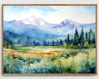 Rocky Mountains Painting Montana Watercolor Landscape Misty Forest Art Print Mountain Panoramic Artwork Pine Trees Wall Art