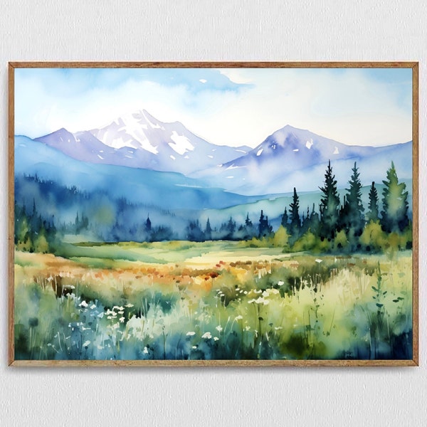 Rocky Mountains Painting Montana Watercolor Landscape Misty Forest Art Print Mountain Panoramic Artwork Pine Trees Wall Art