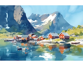 Lofoten Islands Painting Norway Watercolor Art Print Large Coastal Landscape Europe Travel Poster Panorama Watercolor Prints