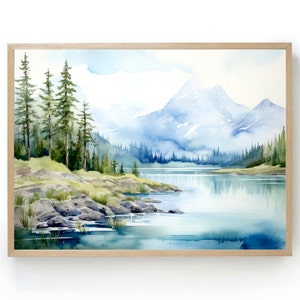 Yosemite mountain print Tenaya lake watercolor art blue green wall art panoramic landscape minimalist wall art large nature print