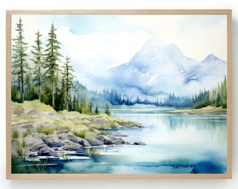 Yosemite mountain print Tenaya lake watercolor art blue green wall art panoramic landscape minimalist wall art large nature print