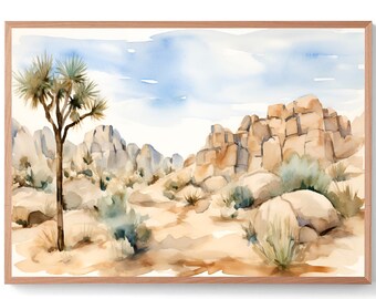Joshua Tree National Park Print California Watercolor Painting Brown Beige Wall Art Mojave Desert Print California Travel Poster