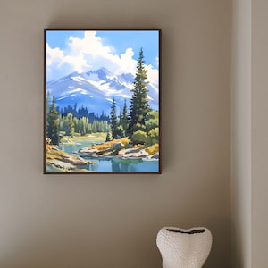 May include: A framed painting of a mountain lake scene with a blue sky, white clouds, and green trees. The lake is surrounded by rocks and the mountains are in the background.