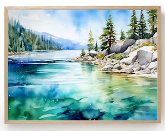 Lake tahoe wall art sunset lake watercolor painting large fine art print mountains painting landscape panoramic wall decor