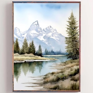 Grand Teton Park Painting Wyoming Landscape Watercolor Art Print Jackson Lake Wall Art Pine Forest Print National Park Travel Poster