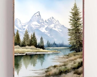 Grand Teton Park Painting Wyoming Landscape Watercolor Art Print Jackson Lake Wall Art Pine Forest Print National Park Travel Poster