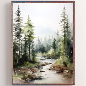 Deschutes National Forest Painting Oregon Watercolor Art River Landscape Print Pine Trees Wall Art Evergreen Forest Poster Nature Travel Art