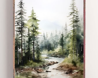 Deschutes National Forest Painting Oregon Watercolor Art River Landscape Print Pine Trees Wall Art Evergreen Forest Poster Nature Travel Art
