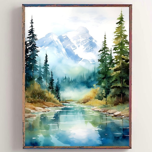 Grand teton national park watercolor art print mountain river landscape painting pine tree wall art red gray poster