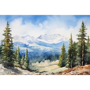 May include: A watercolor painting of a mountain landscape with snow-capped peaks and a valley filled with evergreen trees. The sky is a light blue with white clouds.