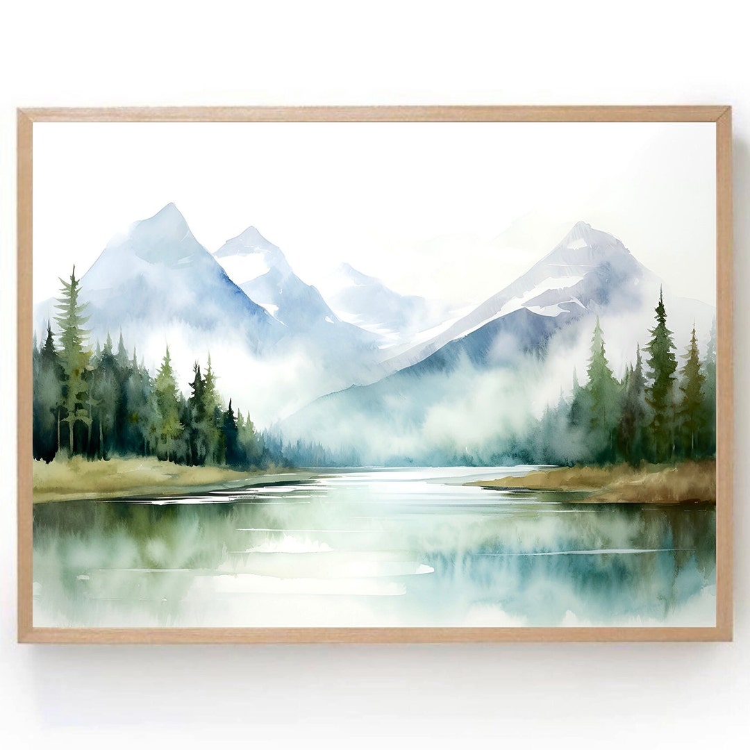 Mountain Watercolor Print Large Minimalist Wall Art Norway Landscape ...