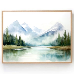 Mountain watercolor print large minimalist wall art norway landscape painting scandinavian art sage green lake painting panorama wall art