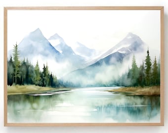 Mountain watercolor print large minimalist wall art norway landscape painting scandinavian art sage green lake painting panorama wall art
