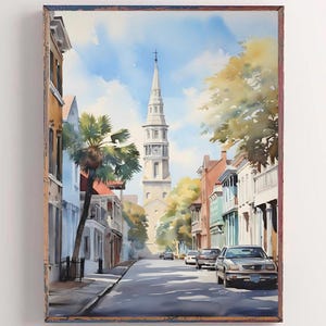 South Carolina Print Charleston Cityscape Wall Art Vertical Watercolor Painting City Street Artwork SC Painting Poster