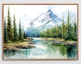 Rocky mountain national park print panoramic watercolor painting mountain lake wall art nature wilderness print mountain hiking art