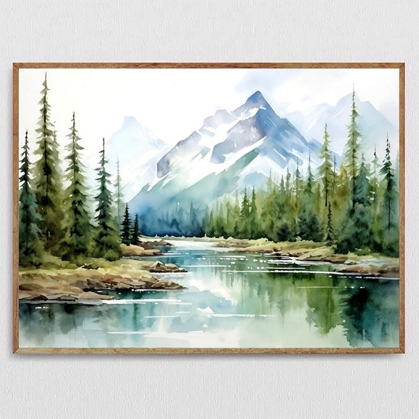 Rocky mountain national park print panoramic watercolor painting mountain lake wall art nature wilderness print mountain hiking art