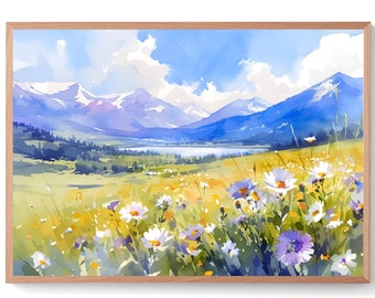 Wasatch Mountains Watercolor Green Field Art Print Wildflowers Landscape Painting Utah Travel Poster Cabin Wall Decor
